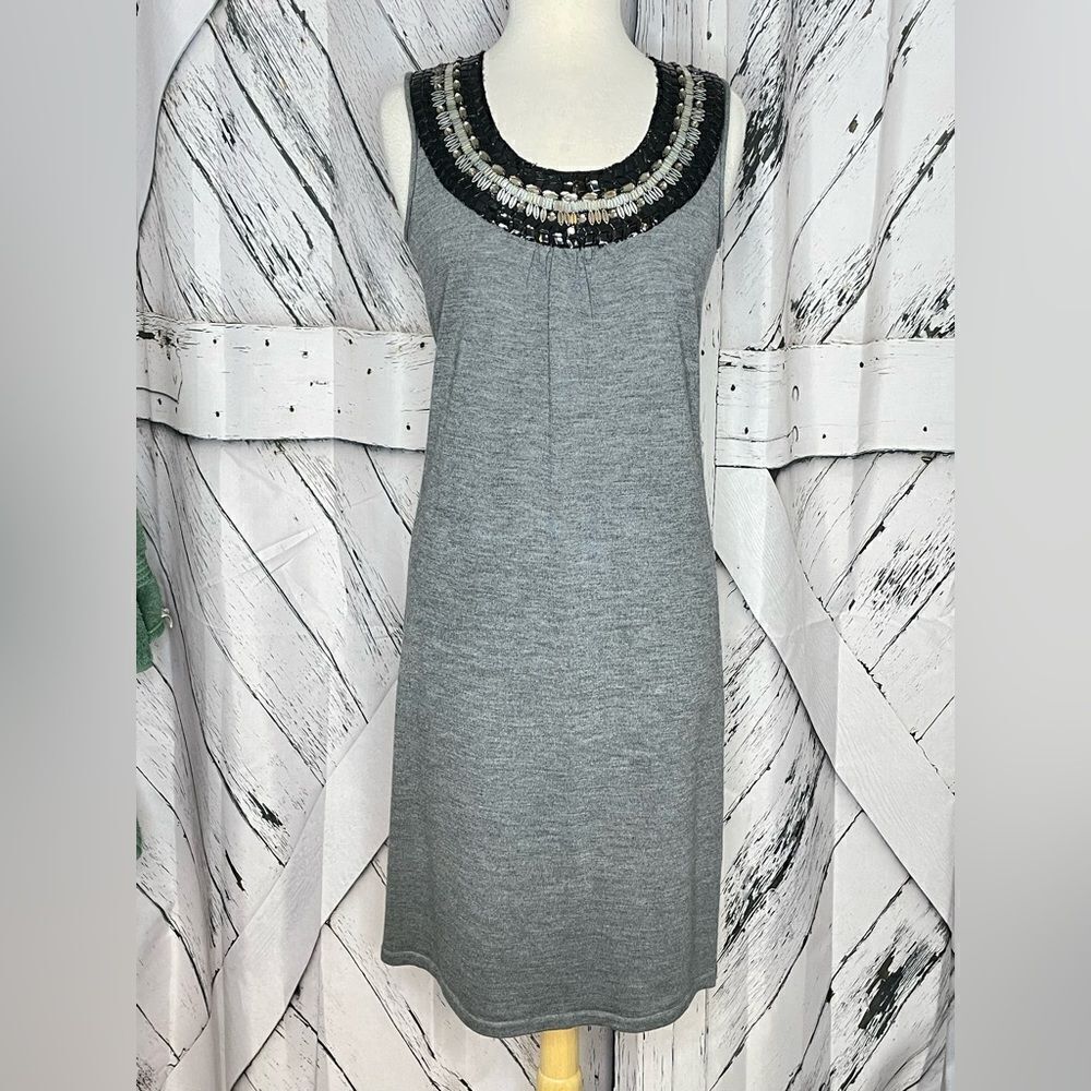 Tory Burch gray embellished neckline sleeveless knit merino wool dress S